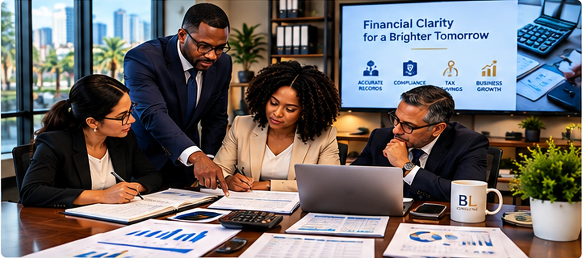 Illustrative accounting consulting team reviewing financial reports, bookkeeping records, and reconciliations