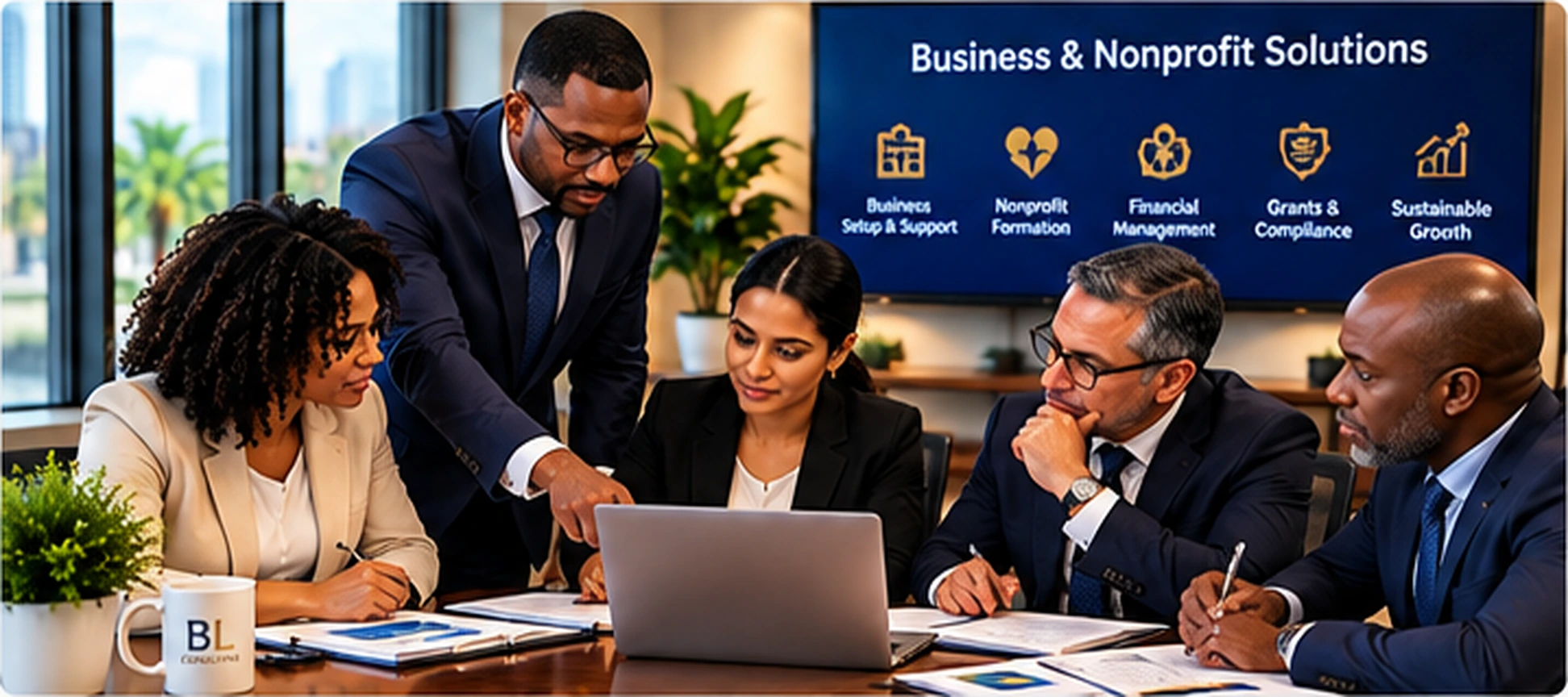 Illustrative business and nonprofit advisory meeting reviewing planning, financial reporting, and organizational strategy