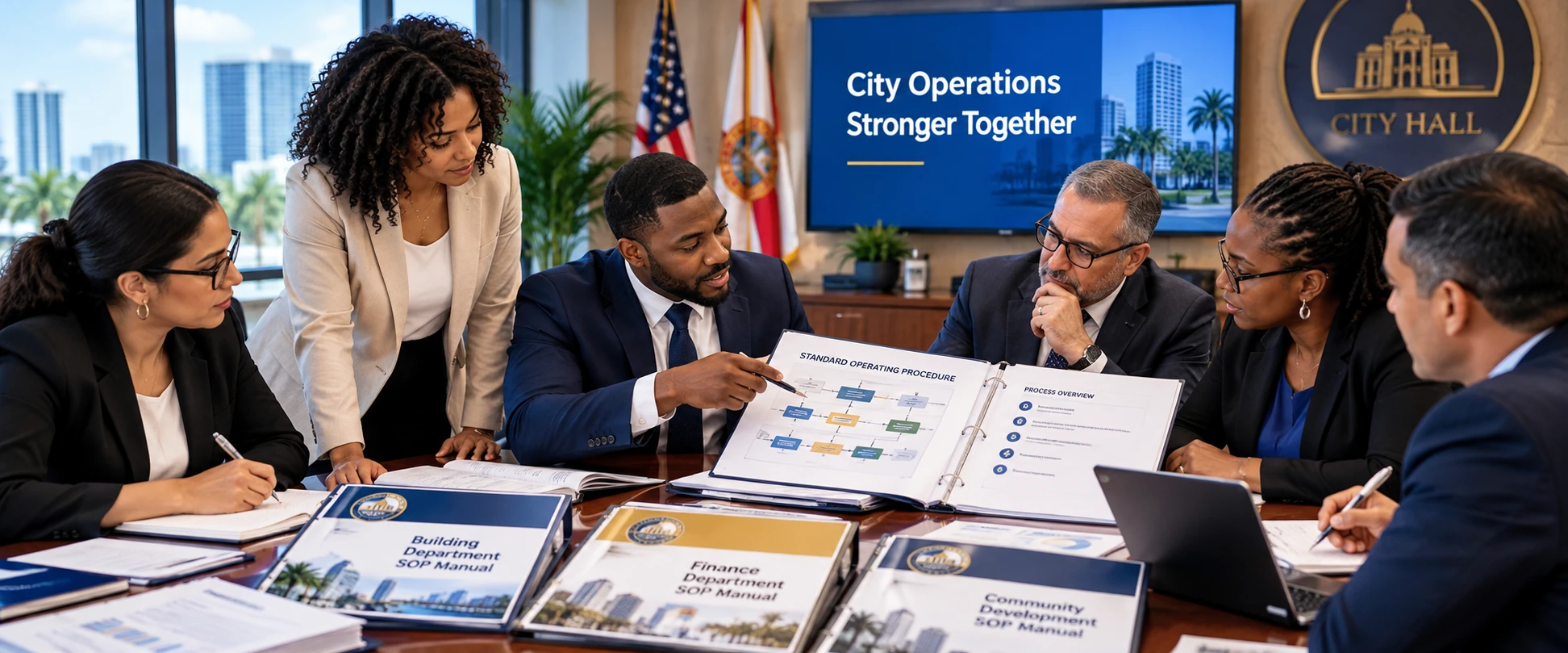Illustrative municipal leadership team reviewing departmental SOP manuals and workflow diagrams