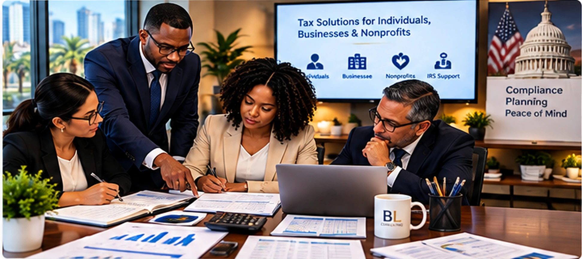 Illustrative tax consultation showing professionals reviewing individual, business, and nonprofit tax preparation documents